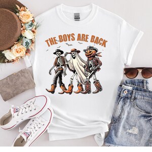 The Boys Are Back Halloween Cowboys Shirt, Retro Western Spooky Season Tee, Cowboy Skeleton Ghost Pumpkin T-Shirt, Halloween Party Gift