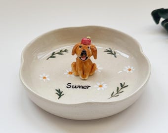 Personalized minimalist daisy pet jewelry tray/jewelry dish/personalized dog cat ring tray, 3D dog/cat pattern/dog owner gift/custom pet