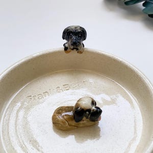 May include: A beige ceramic dog bowl with the text "Frank & Beans" embossed on the side. The bowl features two small ceramic dog figurines, one perched on the rim and the other lying down inside the bowl.