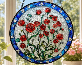 Rose Floral  Glass Sun Catcher,Red Rose Stained Glass Suncatcher,Wildflowers Floral Glass Art,Window Hanging Decor