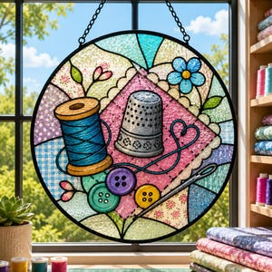 Könnte beinhalten: Ein runder Buntglas-Fensterschmuck mit Näh-Motiven, darunter eine blaue Garnrolle, ein silberner Fingerhut, eine Nadel und bunte Knöpfe. Das Design zeigt ein rosafarbenes Steppmuster, florale Elemente und eine blaue Blume in einem schwarzen Metallrahmen.