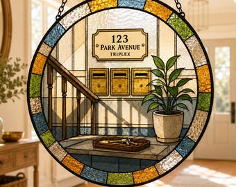 Attrape-soleil d'appartement personnalisé, décoration de fenêtre d'adresse personnalisée, décoration de style vitrail pour maison neuve, cadeau de pendaison de crémaillère, cadeau de premier appartement