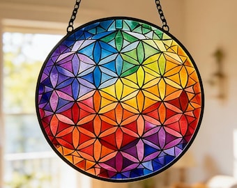 Tęczowy szklany łapacz słońca Kwiat Życia, zawieszka na okno w kształcie świętej geometrii, fantazyjny panel szklany w kolorze czakry, kwiatowa dekoracja okienna