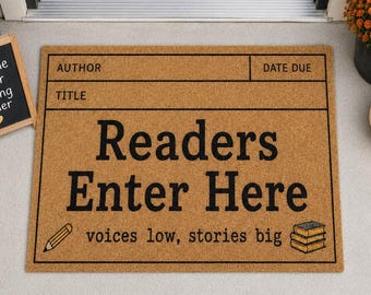 Readers Enter Here Doormat, Book Lover Welcome Mat, Reading Nook Door Mat, Library Card Porch Rug, Bookish Housewarming Gift