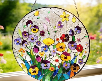 Bratki i Polne Kwiaty Suncatcher, Kolorowa Zawieszka, Wiosenna Sztuka Okienna, Wystrój Ogrodu Cottage, Szklany Witraż