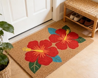 Red Hibiscus Floral Doormat,Tropical Entryway Decor,Summer Welcome Mat,Hawaiian Hibiscus Door Mat,Tropical Garden Accent