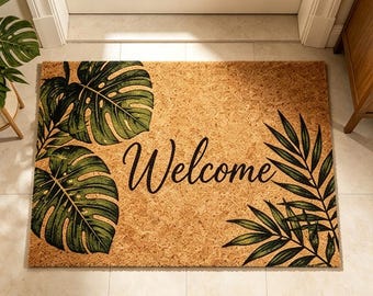 Monstera & Palm Leaf Welcome Doormat,Tropical Plant Entry Rug,Boho Jungle Plant Doormat,Boho Greenery Front Door Decor