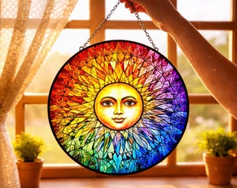 Tęczowy szklany łapacz słońca w kształcie twarzy, niebiański element boho na okno, kolorowa sztuka słoneczna, duchowa dekoracja słoneczna, prezent na parapetówkę