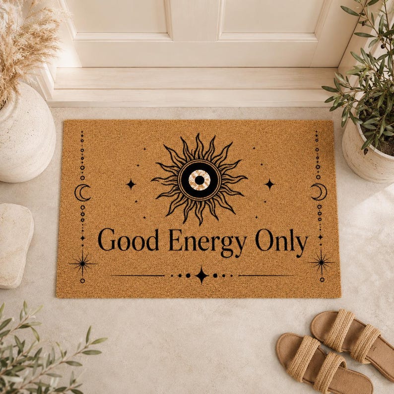 Good Energy Only Doormat, Boho Spiritual Sun Eye Door Mat, Mystical Astrology Entry Rug, Witchy Celestial Home Decor Coir Welcome Mat image 1