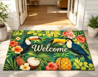 Tropische welkomstdeurmat toekan, jungle bloemen ananasmat, deurmat tropisch fruit en bloemen, welkomstmat tropische jungle, decor strandhuis
