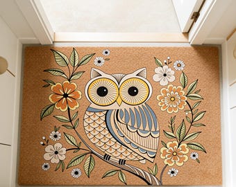 Owl Doormat,Bohemian Floral Doormat,Flower Welcome Mat,Flower Floor Mat,Front Door Mat,Entrance Mat,Outdoor Mat,Animal Doormat