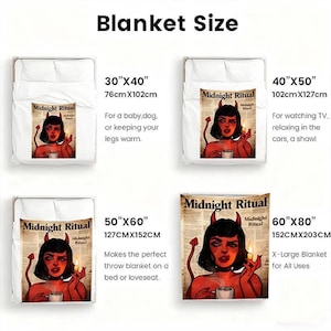 May include: Blanket size guide featuring four blankets with the "Midnight Ritual" design. The blankets vary in size: 30"x40", 40"x50", 50"x60", and 60"x80". Each blanket displays a woman with devil horns and a candle.