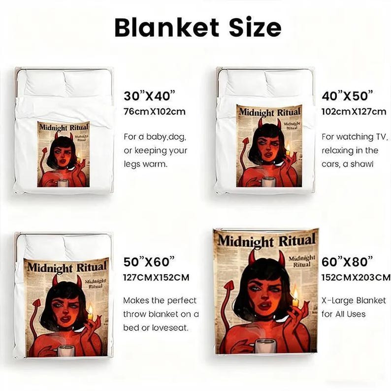 May include: Blanket size guide featuring four blankets with the "Midnight Ritual" design. The blankets vary in size: 30"x40", 40"x50", 50"x60", and 60"x80". Each blanket displays a woman with devil horns and a candle.