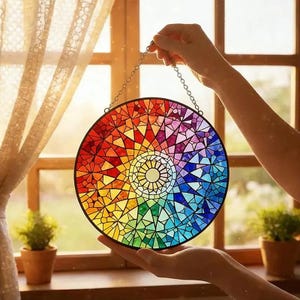 May include: A round stained glass window with a rainbow mosaic design. The window is held by a chain and features a central circular pattern. The colors transition from red to purple to blue and green.