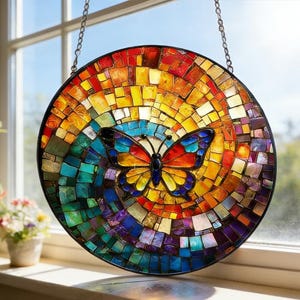 Puede incluir: Mosaico circular de vidrieras con diseño de mariposa. El mosaico presenta piezas de vidrio de colores rojo, naranja, amarillo, azul y verde. Tiene un marco de metal negro y una cadena para colgar, ideal para ventanas.