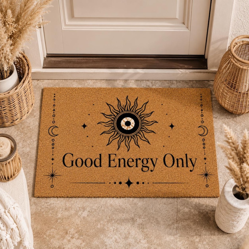 Good Energy Only Doormat, Boho Spiritual Sun Eye Door Mat, Mystical Astrology Entry Rug, Witchy Celestial Home Decor Coir Welcome Mat image 4