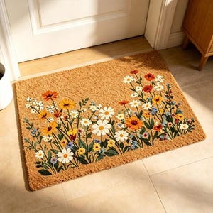 May include: A rectangular doormat made of natural coir fiber. The mat features a floral design with embroidered flowers in shades of white, yellow, orange, and red, with green leaves. The mat is placed in front of a white door.