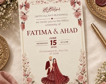 Nikah Invitation Editable Template, Elegant Islamic Wedding Card, Muslim Walima Canva Digital Download