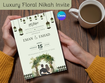 Nikah Invitation Template Editable Canva, Muslim Wedding Invite Luxury Floral, Islamic Wedding Card Digital Download