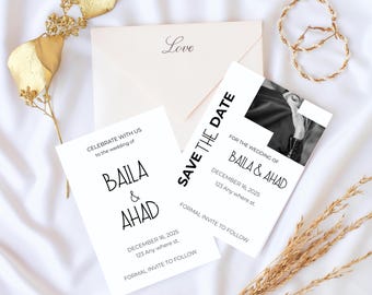 Wedding Invitation Suite Template Canva, Minimalist Editable Save the Date RSVP Set, Digital Download