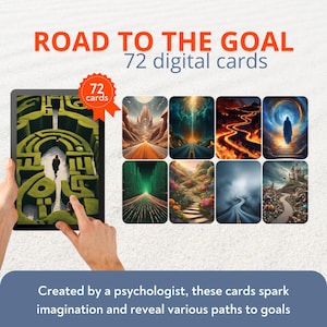 Puede incluir: Juego de cartas digitales titulado "Road to the Goal" con 72 cartas. La imagen muestra una tableta que muestra un laberinto y varias cartas con ilustraciones de carreteras escénicas. El texto dice: "Creado por un psicólogo, estas cartas despiertan la imaginación y revelan varios caminos hacia las metas."
