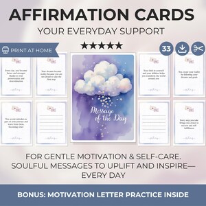 Puede incluir: Un conjunto de tarjetas de afirmación con el texto "Tarjetas de afirmación Tu apoyo diario". Las tarjetas presentan mensajes inspiradores y arte de acuarela de nubes. Las palabras "Mensaje del día" están en el centro. Las tarjetas están diseñadas para la motivación y el autocuidado.