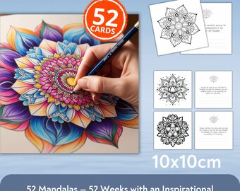 Mandala Affirmation Cards | 52 Printable Coloring Cards with Weekly Affirmations & Personal Growth Prompts | Digital