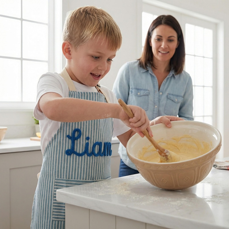 Puede incluir: Un ni&ntilde;o con un delantal a rayas azules y blancas con el nombre "Liam" bordado, mezclando masa en un cuenco beige grande con una cuchara de madera. Una mujer est&aacute; cerca, sonriendo. La escena tiene lugar en una cocina luminosa.