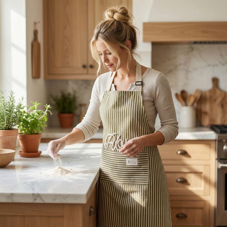 Puede incluir: Un delantal a rayas verdes y blancas con un bolsillo delantero y la palabra "Aloha" bordada. El delantal se usa en un entorno de cocina. El delantal tiene una correa para el cuello beige y una peque&ntilde;a etiqueta blanca en el bolsillo.