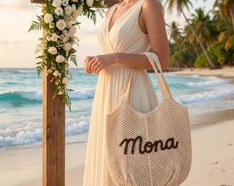 Personalizowana torba na szydełku z haftem, spersonalizowana torba plażowa dla druhny na wieczór panieński i wycieczki w tropiki