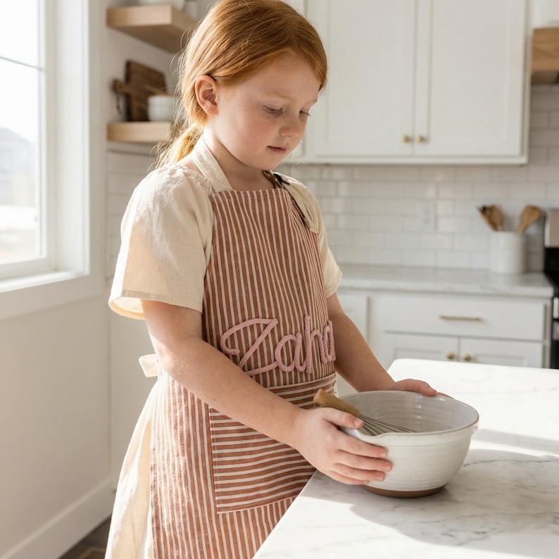 Puede incluir: Un delantal a rayas marrones y blancas con el nombre "Zaha" bordado en rosa. El delantal tiene un bolsillo delantero y se usa mientras se sostiene un cuenco y un batidor blancos. El delantal est&aacute; dise&ntilde;ado para uso en la cocina.