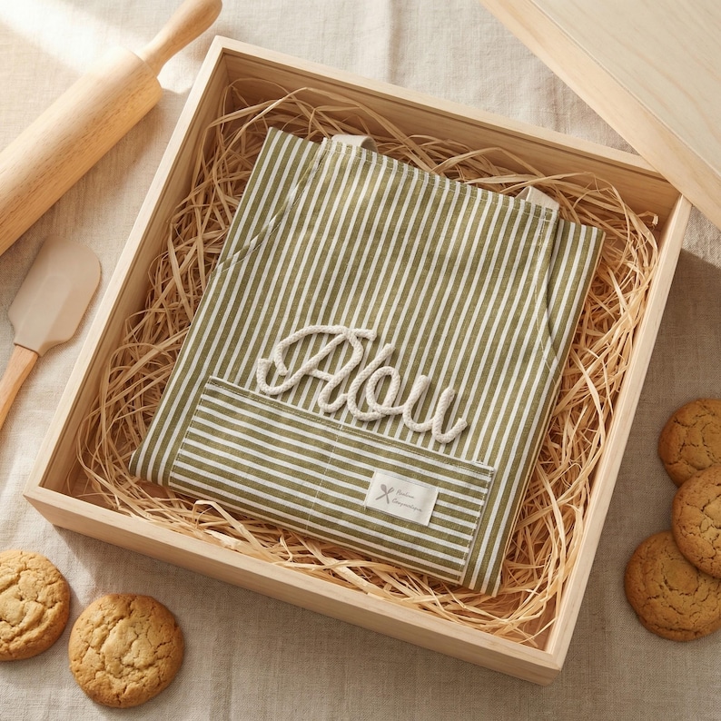 Puede incluir: Una caja de regalo de madera contiene un delantal a rayas verdes y blancas con el nombre "Abou" bordado. Tambi&eacute;n hay un rodillo, una esp&aacute;tula y galletas. El delantal tiene un bolsillo con una peque&ntilde;a etiqueta.