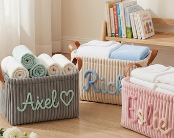Personalized Baby Name Basket,Nursery Storage Basket, Custom Corduroy Baby Organizer with Leather Handles, Baby Shower Gift for New Moms