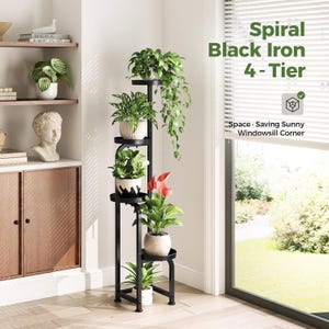 May include: A black, spiral-shaped, 4-tier iron plant stand. The stand holds several potted plants with green foliage and red flowers. Text on the image reads "Spiral Black Iron 4-Tier" and "Space - Saving Sunny Windowsill Corner."