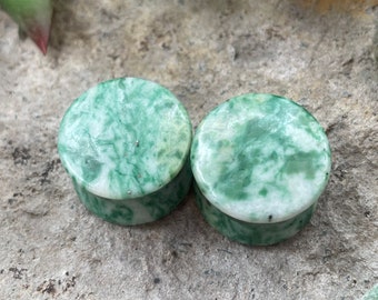 OOAK 5/8" (16mm) Double Flared Green Marble Stone Plugs - One of a Kind Stone Plugs