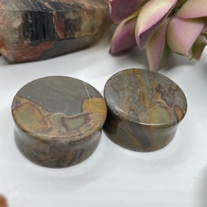 OOAK 1&quot; (25mm) - Grey Bamboo Jasper Double Flared Stone Plugs - One of a Kind Gauges