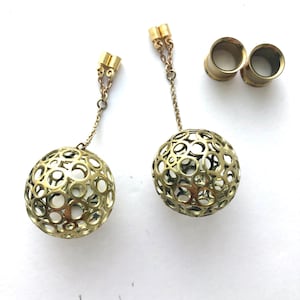 3d Brass Ball Magnetic Clasp Gauged Earrings - 2g, 0g, 00g, 7/16&quot;, 1/2&quot;, 9/16&quot;, 5/8&quot;, 3/4&quot;, 7/8&quot;, 1&quot;