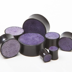 Ebony Wood Plugs with Purple inlay - 2g, 0g, 00g, 7/16&quot;, 1/2&quot;, 9/16&quot;, 5/8&quot;, 11/16&quot;, 3/4&quot;, 7/8, 1&quot;