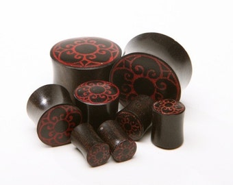 7/16", 1/2", 9/16". 5/8" Ebony Wood Plugs Inlayed with Red Flower
