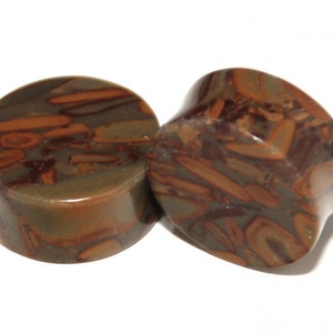 Pair of Unique and Earth Toned Bamboo Jasper Double Flared Stone Plugs 8g, 6g, 4g, 2g, 0g, 00g, 7/16, 9/16, 5/8, 3/4, 7/8, 1