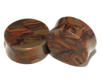 Pair of Unique and Earth Toned Bamboo Jasper Double Flared Stone Plugs 8g, 6g, 4g, 2g, 0g, 00g, 7/16, 9/16, 5/8, 3/4, 7/8, 1