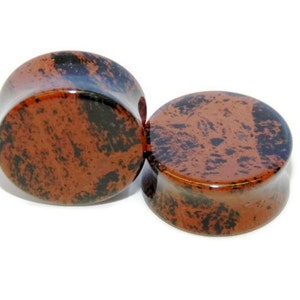 Pair of Mahogany Obsidian Double Flared Stone Plugs  - Gauges Size 8g 6g 4g 2g 0g 00g 7/16&quot; 1/2&quot; 9/16&quot; 5/8&quot; 3/4&quot; 7/8 1&quot;Pair