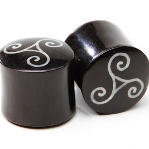 Horn Plugs with Triskelion Inlay - ON SALE 0g (8mm), 5/8&quot; (16mm), 11/16&quot; (17.5mm),  3/4&quot; (19mm)