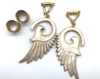 Mother Of Pearl Angel Wings Magnetic Clasp Gauged Earrings -  2g, 0g, 00g, 7/16", 1/2", 9/16", 5/8", 3/4", 7/8", 1"