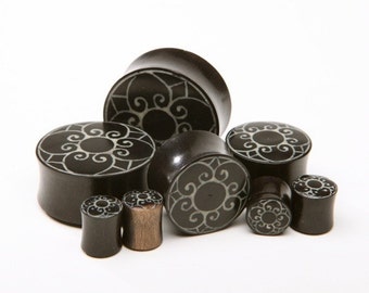 Ebony Wood Plugs with Inlayed Flower - Reversible solid black on the back 0ga, 00ga, 7/16", 1/2", 9/16". 5/8", 11/16", 3/4", 7/8", 1"