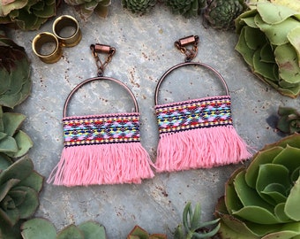 Pink Tassel and Embroidered Copper Hanging Magnetic Clasp Gauges w/ Free Tunnels