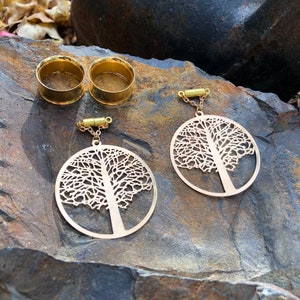 Gold Tree of Life Magnetic Clasp Gauged Earrings - Designed to be worn thru Tunnels 2g, 0g, 00g, 7/16&quot;, 1/2&quot;, 9/16&quot;, 5/8&quot;, 3/4&quot;, 7/8&quot;, 1&quot;