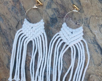 Natural Off White Macrame Magnetic Clasp Gauged Earrings, long but very lightweight! - Worn Through Tunnels 2g-1"