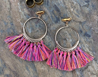 Mixed Pink Tassel Hoop Lightweight Chandelier Magnetic Clasp Gauged Earrings - Worn Through Tunnels 2g-1"