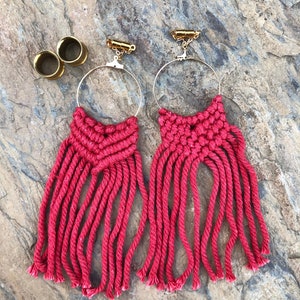 Red Macrame Magnetic Clasp Gauged Earrings, long but very lightweight! - Worn Through Tunnels 2g-1&quot;